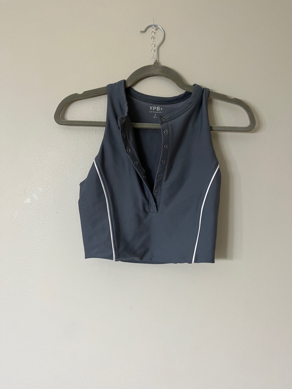 YPB Navy Snap-Front Crop Tank with White Piping